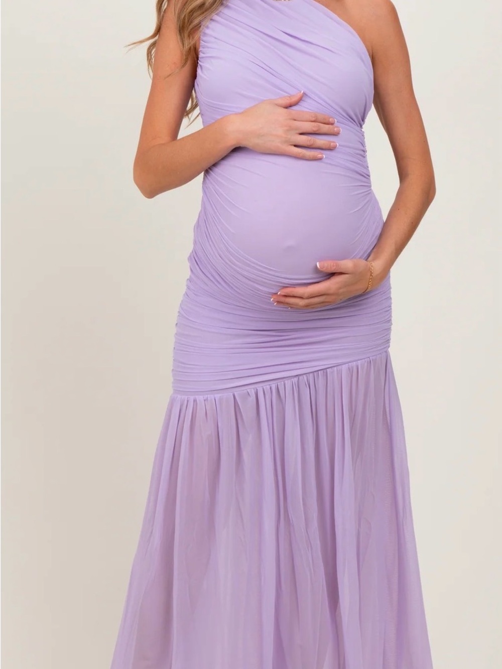 Pink Blush Lavender Ruched Mesh One Shoulder Maternity Maxi Dress- Size Medium